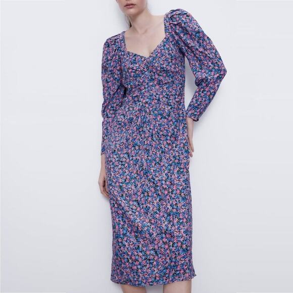 2/$30 ZARA Floral Puff Long Sleeve Sundress XS Cutout Tie Neck Back Slit #6980 - Picture 1 of 16